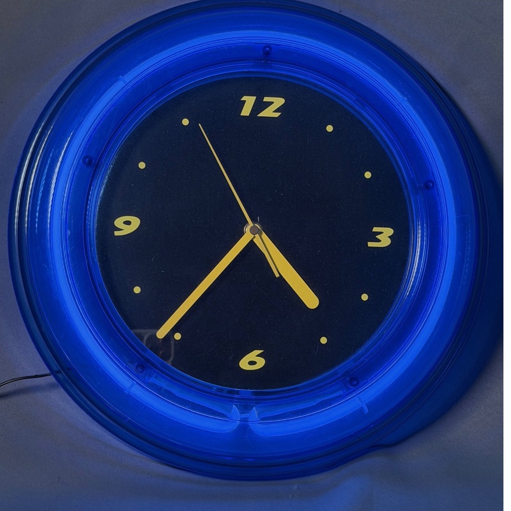 Enhance Blue Neon Wall Clock Retro Round Black Face Yellow Numbers - Picture 3 of 8